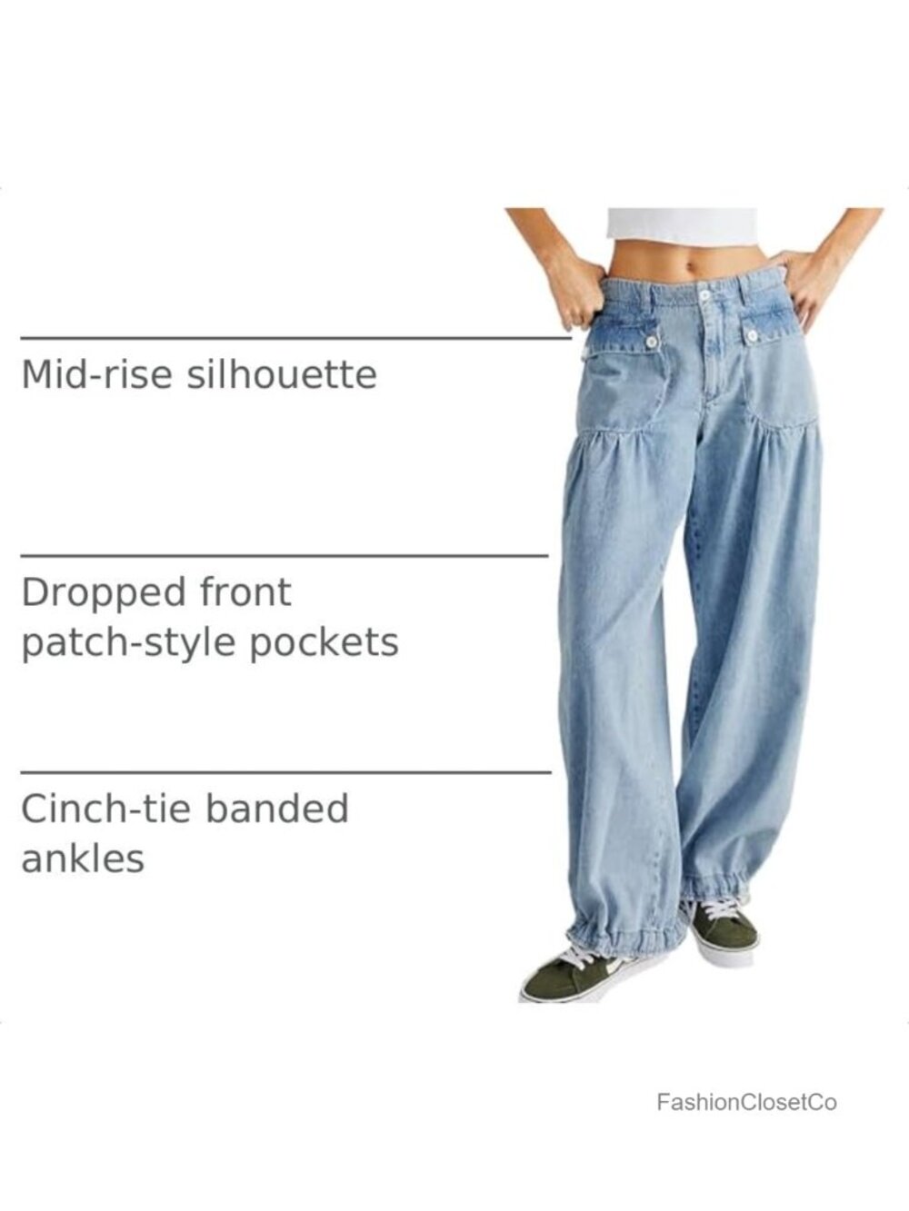 Wide Leg Baggy Denim Jeans Mid Rise Lotus Elastic Hem - Picture 3 of 6